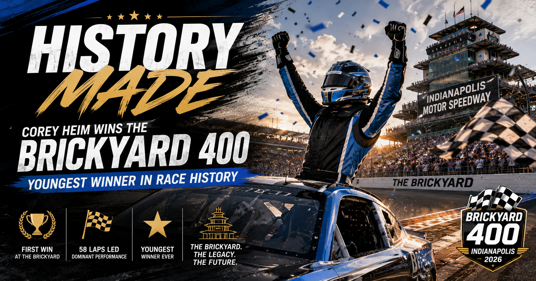 Corey Heim wins the 2026 Brickyard 400 at Indianapolis Motor Speedway